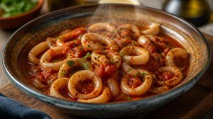 Dušené kalamáry v pikantní rajčatové omáčce (calamari in umido)