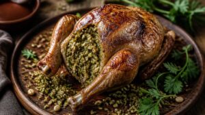 Egyptský holub plněný kořeněnou zelenou pšenicí Freekeh