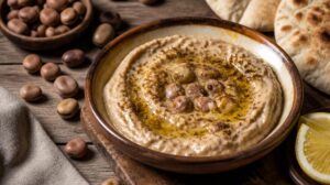 Egyptský hummus z bobů Fava neboli Ful mudammas s olivovým olejem a římským kmínem