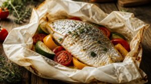 Filet z pražmy pečený v papíru se středomořskou zeleninou (en papillote)