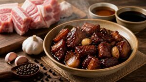 Filipínské vepřové nebo kuřecí Adobo vařené v octu a sójové omáčce