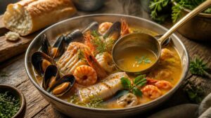 Francouzská rybí polévka bouillabaisse s mořskými plody