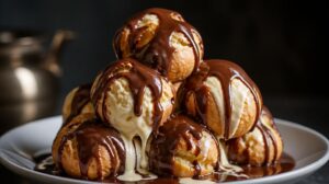 Francouzské větrníčky Profiteroles plněné zmrzlinou a přelité čokoládou