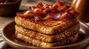 Francouzský toast po kanadsku namočený v podmáslí s javorovou slaninou