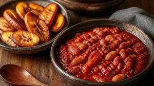 Ghanský fazolový guláš Red Red s červeným palmovým olejem a smaženými banány