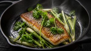 Grilovaná ryba Barramundi s citronovou trávou a koriandrem na pánvi
