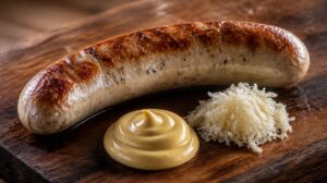 Grilovaný bílý klobás Bratwurst s hořčicí a křenem