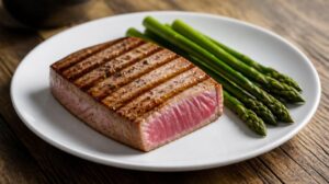 Grilovaný steak z tuňáka s blanšírovaným chřestem