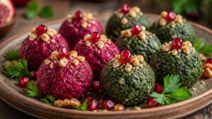 Gruzínské vegetariánské pkhali — kuličky ze špenátu nebo řepy s vlašskými ořechy a granátovým jablkem