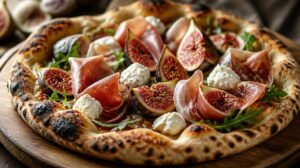 Gurmánská pizza s fíky, prosciuttem a kozím sýrem