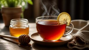 Horký jihoafrický čaj Rooibos s medem a plátkem citronu