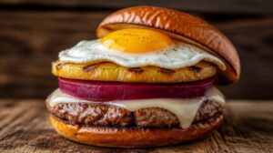 Hovězí burger s plátkem nakládané červené řepy, ananasem a volským okem