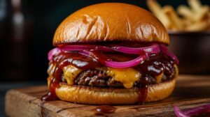 Hovězí cheeseburger s nakládanou červenou cibulí a BBQ dresinkem