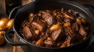 Hovězí maso dušené na tmavém belgickém pivu Carbonnade flamande