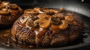 Hovězí maso na pánvi Salisbury Steak s hustou houbovou omáčkou