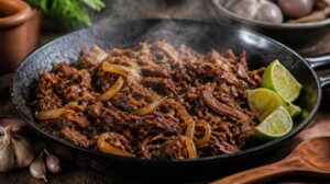 Hovězí maso pečené v kuse Vaca Frita — dokřupava osmažené trhané maso s cibulí a limetkou