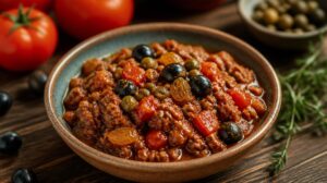 Hovězí mleté maso Picadillo po kubánsku s rajčaty, olivami, rozinkami a kapary