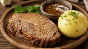 Hovězí pečeně na česneku s bramborovým knedlíkem