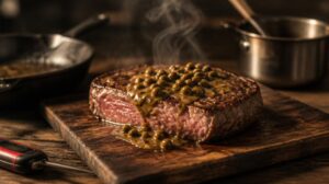 Hovězí rump steak s omáčkou ze zeleného pepře a brandy