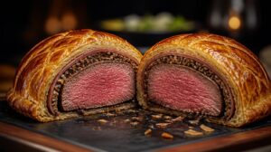 Hovězí Wellington v listovém těstě s hříbkovým duxelles a šunkou