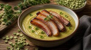 Hrachová polévka Erbsensuppe s uzeným bůčkem a majoránkou