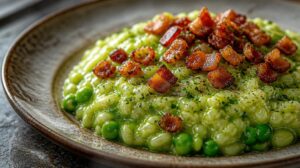 Hráškové rizoto s křupavou pancettou (risotto risi e bisi)