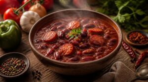 Hustá polévka z červených fazolí Potaje de Frijoles Colorados s klobásou chorizo