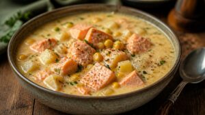 Hustá smetanová polévka s lososem, bramborami a kukuřicí Salmon Chowder