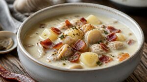 Hustá smetanová polévka s mušlemi New England Clam Chowder s bramborami