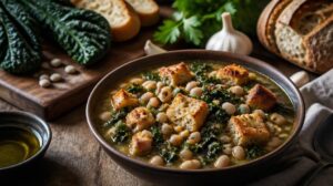Hustá toskánská polévka s fazolemi a kadeřávkem (ribollita)