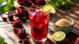 Ibiškový ledový čaj Agua de Jamaica s limetkou a třtinovým cukrem