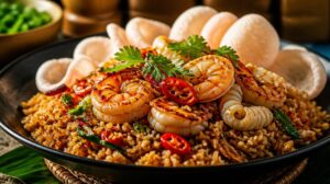 Indonéská smažená rýže Nasi Goreng s mořskými plody a krevetovými chipsy