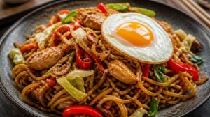 Indonéské smažené nudle Mie Goreng s kuřecím masem a sázeným vejcem