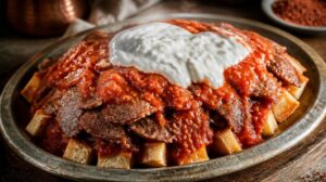 Iskender kebab s plátky masa na kostičkách pide chleba s rajčatovou omáčkou a jogurtem
