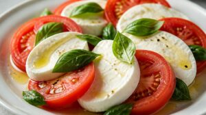 Italský salát caprese s rajčaty, buvolí mozzarellou a čerstvou bazalkou