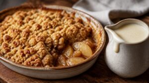 Jablečný drobenkový koláč Apple Crumble podávaný s vanilkovým šodó