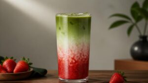 Jahodové Strawberry Matcha Latte: Dvoubarevný vizuální skvost s domácím jahodovým pyré a mlékem
