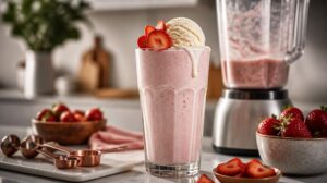 Jahodový milkshake z čerstvých jahod a vanilkové zmrzliny