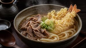 Japonská polévka Udon s tlustými nudlemi, hovězím masem a tempurou