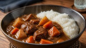 Japonské kari s hovězím masem, mrkví, bramborami a rýží