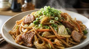 Japonské smažené nudle Yakisoba s vepřovým masem a omáčkou