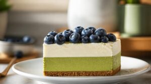 Jemný Matcha nepečený dort s borůvkami a tvarohem: Nádherný dvoubarevný moučník bez zapínání trouby