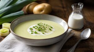 Jemný zeleninový krém Vichyssoise z pórku a brambor: Tradiční polévka, která se podává ledově vychlazená