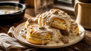 Jižanské kukuřičné bochánky Biscuits s bílou klobásovou omáčkou