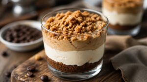 Kávový cheesecake do skleničky s drobenkou: Rychlý nepečený dezert bez zdlouhavého chlazení v lednici