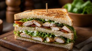 Klubový sendvič Club Sandwich se třemi plátky toastu, kuřecím masem a majonézou