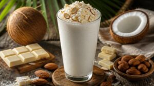 Kokosový milkshake s bílou čokoládou a mandlemi