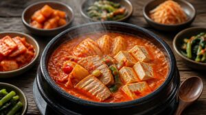 Korejská pikantní polévka Kimchi Jjigae s bůčkem a tofu