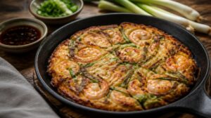 Korejská slaná palačinka s mořskými plody a jarní cibulkou (Pajeon)