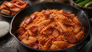 Korejské kimchi smažené s rýží a slaninou (Kimchi Bokkeumbap)